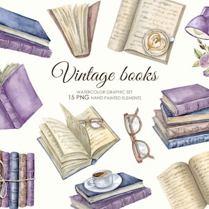 Clipart de libros vintage de acuarela. Lectura de imágenes prediseñadas. Pila de ilustraciones de libros. Literatura de estilo antiguo.