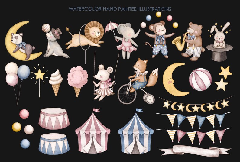 Circus Animals Watercolor Clipart Set, Cute Nursery Animal ...