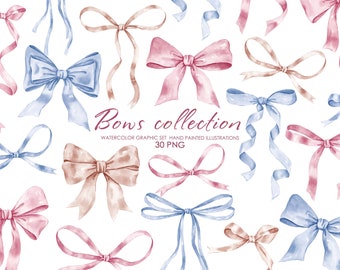 Watercolor ribbon bows clipart. Bows collection. Multicolor Bows.