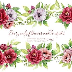 Watercolor burgundy Camellia flower clipart. Anemone bouquets wedding flowers. Spring flower frames.