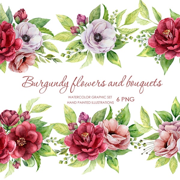 Aquarelle bordeaux Camellia fleur clipart. Bouquets d’anémone fleurs de mariage. Cadres de fleur de printemps.