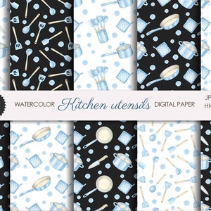 Kitchen watercolor digital paper. Kitchen supplies seamless pattern. Scrapbook cooking hand painted paper