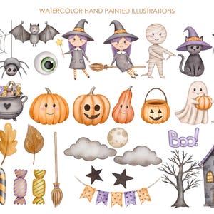 May include: Watercolor illustrations of Halloween characters and objects, including witches, ghosts, pumpkins, candy, a spider web, a haunted house, and a bat.