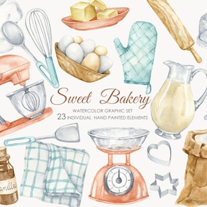 Clipart de panadería de acuarela. Acuarela dibujada a mano suministros para hornear clipart PNG. Comida Panadería clip art estilo retro. Cocina de época.