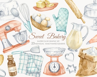 Watercolor Bakery Clipart. Watercolor Hand drawn baking supplies clipart PNG. Food Bakery clip art retro style. Vintage Kitchen.