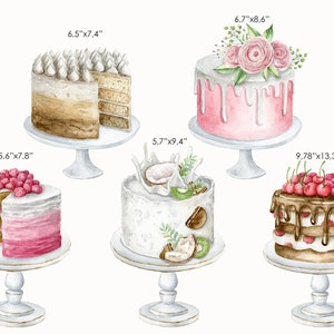 Watercolor birthday cake clipart set. Wedding flower cake clipart. Fruit cake. Logo Cake Design. Food bakery clipart. image 2