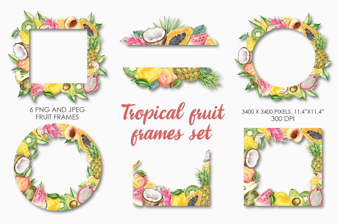Watercolor Tropical Fruit Frame Set-fruit PNG Elements Download-coconut ...