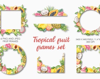 Watercolor Tropical Fruit Frame Set-Fruit PNG Elements Download-Coconut Pineapple Peach Papaya Pear Lemon-Digital clip art