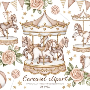 Clipart aquarelle carrousel. Cheval de carrousel. Clipart de pépinière neutre.
