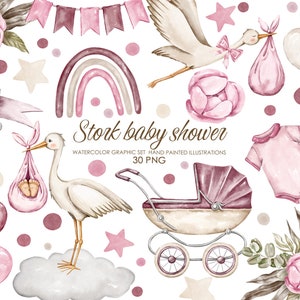 Aquarel boho kinderkamer clipart. Meisje babyshower clipart. Ooievaar die baby draagt.