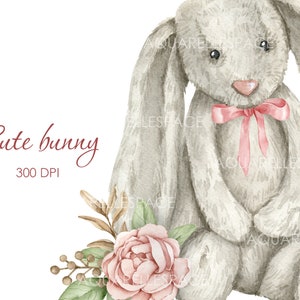 Clipart de coelho fofo em aquarela. Ilustração de coelho de brinquedo e flores de peônia.