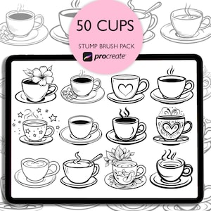 May include: A digital illustration of 50 different coffee cup designs. The cups are drawn in black and white and feature various shapes, sizes, and details. The text "50 CUPS" and "STUMP BRUSH PACK" is displayed in the image. The text "procreate" is also displayed in the image.