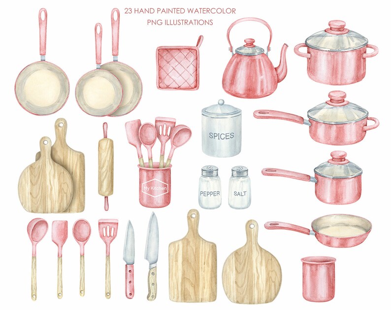 Watercolor Pink Kitchen Clipart. Pots and Pans Kitchen | Etsy