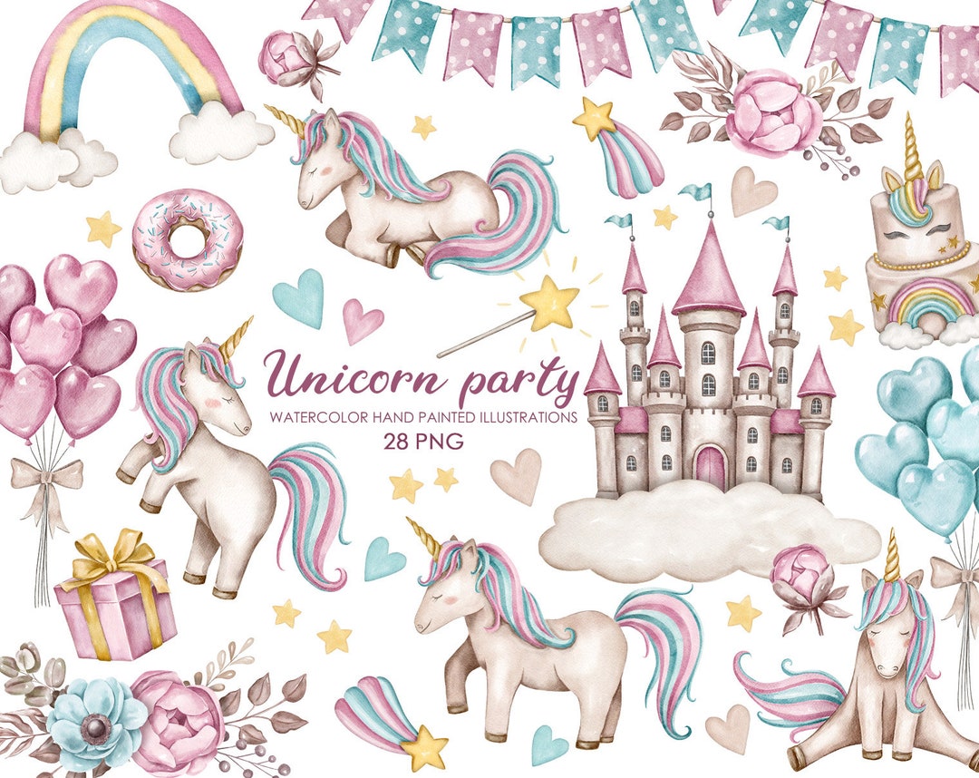 Unicorn Watercolor Clipart Set, Pink Castle Fantasy Illustrations, Cute ...