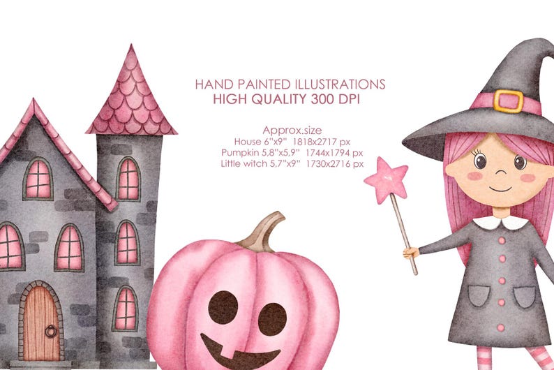 May include: A watercolor illustration of a pink and gray Halloween scene. A pink pumpkin with a jack-o-lantern face sits next to a gray house with pink accents. A pink-haired witch with a black hat and a wand stands to the right of the house. The text "HAND PAINTED ILLUSTRATIONS HIGH QUALITY 300 DPI" is at the top of the image. The text "Approx.size" is below the text "HIGH QUALITY 300 DPI". The text "House 6"x9" 1818x2717 px" is below the text "Approx.size". The text "Pumpkin 5,8"x5.9" 1744x1794 px" is below the text "House 6"x9" 1818x2717 px". The text "Little witch 5.7"x9" 1730x2716 px" is below the text "Pumpkin 5,8"x5.9" 1744x1794 px".