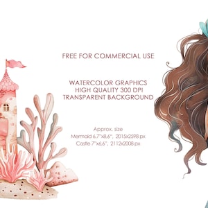 Puede incluir: Ilustraci&oacute;n de acuarela de una sirena con cabello largo y casta&ntilde;o y una cola turquesa, de pie junto a un castillo rosa con coral y algas marinas. La imagen tiene un fondo blanco y el texto "FREE FOR COMMERCIAL USE", "WATERCOLOR GRAPHICS", "HIGH QUALITY 300 DPI", "TRANSPARENT BACKGROUND", "Approx. size", "Mermaid 6.7"x8.6", 2015x2598 px", "Castle 7"x6.6", 2112x2008 px".