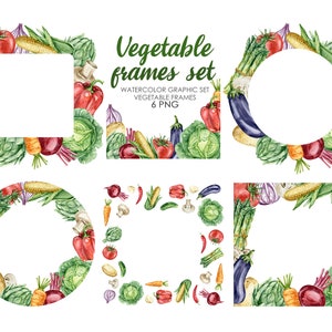 Watercolor vegetable frame clipart. Cabbage Asparagus Paprika Eggplant Artichoke. Vegetable clipart.