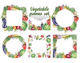 Watercolor vegetable frame clipart. Cabbage Asparagus Paprika Eggplant Artichoke. Vegetable clipart.