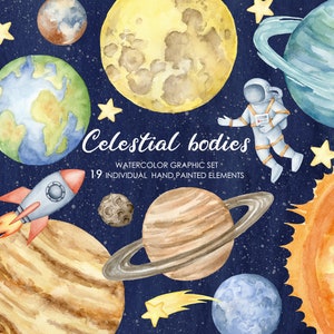 Clipart de corps célestes à l'aquarelle. Système solaire, espace extra-atmosphérique, clipart astronaute. Planètes aquarelles.