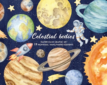 May include: Watercolor illustration of celestial bodies, including planets, stars, a comet, a rocket, and an astronaut. The illustration is set against a dark blue background with white stars.