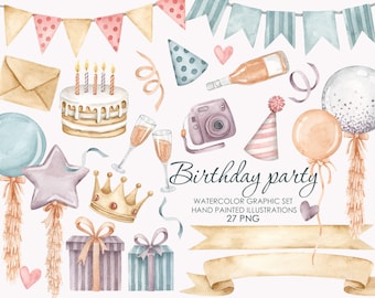Watercolor Birthday Party Clipart. Balloons and bunting clipart. Birthday cake illustrations.