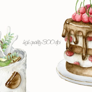 Watercolor birthday cake clipart set. Wedding flower cake clipart. Fruit cake. Logo Cake Design. Food bakery clipart. image 4