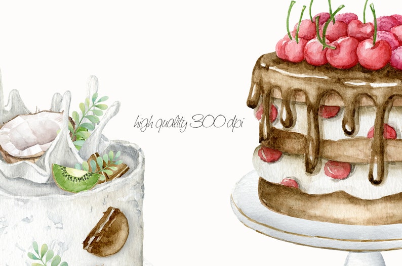 Watercolor birthday cake clipart set. Wedding flower cake clipart. Fruit cake. Logo Cake Design. Food bakery clipart. image 4