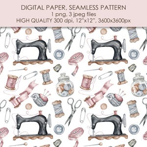 Puede incluir: Un patrón sin costuras que presenta una máquina de coser vintage, carretes de hilo, botones, dedal, alfileres de seguridad y cinta métrica. El patrón está en tonos de rosa, azul y gris sobre un fondo blanco.