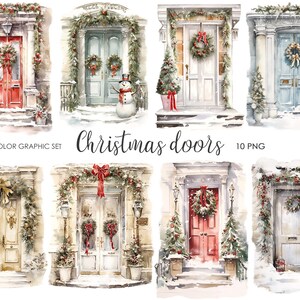 Watercolor Cristmas door clipart. Winter clipart PNG. Watercolor house.