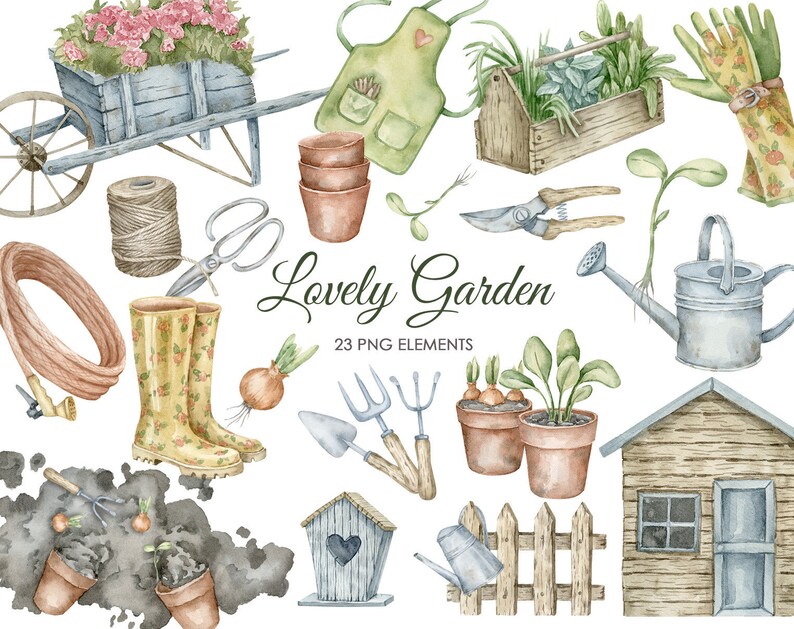 Puede incluir: Una ilustraci&oacute;n de acuarela de herramientas y suministros de jardiner&iacute;a, que incluyen una carretilla, una regadera, guantes de jardiner&iacute;a, una casita para p&aacute;jaros, una cerca y una peque&ntilde;a casa de madera. La ilustraci&oacute;n est&aacute; sobre un fondo blanco e incluye el texto "Lovely Garden 23 PNG Elements".