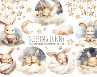 Watercolor baby bunny clipart. Sleeping Bunny PNG. Boho Nursery clipart. Bunny baby shower. Moon and stars. Nursery animals clipart.