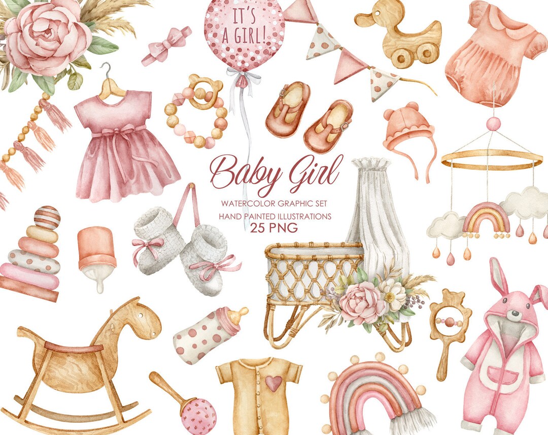 Watercolor Boho Nursery Clipart. Baby Girl Clipart. Birthday Invitation ...
