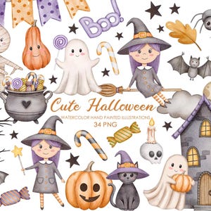 May include: A set of 34 watercolor illustrations featuring cute Halloween characters and objects.  The set includes a witch, a ghost, a mummy, a pumpkin, a bat, a spider, a cauldron, a candy cane, a haunted house, and more.  The illustrations are perfect for creating Halloween cards, invitations, party decorations, and other crafts.