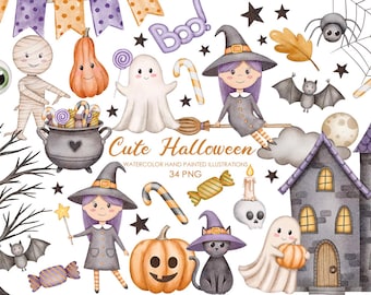 Watercolor Halloween Clipart. Cute Halloween. Cute Witch clipart. Ghost clipart. Spooky Halloween Graphic.