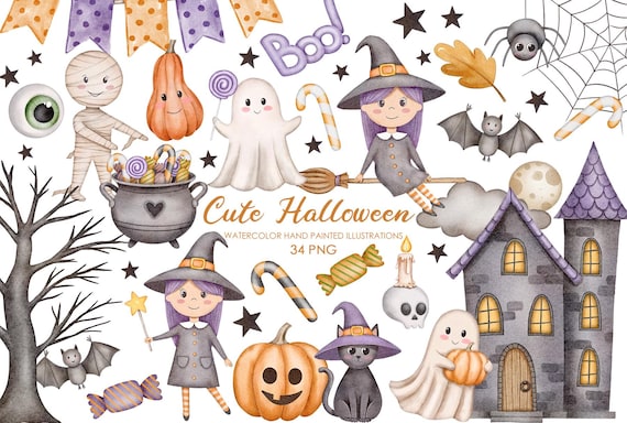 Watercolor Halloween Clipart. Cute Halloween. Cute Witch clipart. Ghost clipart. Spooky Halloween Graphic.