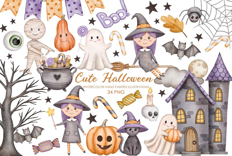 May include: A set of 34 watercolor illustrations featuring cute Halloween characters and objects.  The set includes a witch, a ghost, a mummy, a pumpkin, a bat, a spider, a cauldron, a candy cane, a haunted house, and more.  The illustrations are perfect for creating Halloween cards, invitations, party decorations, and other crafts.