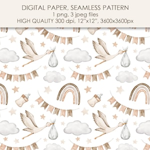 Wzór bociana na baby shower bez szwu. Neutralny papier cyfrowy do pokoju dziecięcego. Bocian niesie dziecko clipart
