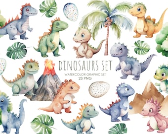 Watercolor dinosaur clipart. Dino clipart PNG. Dinosaur Baby Shower.