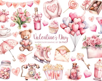 May include: A set of 26 watercolour illustrations for Valentine's Day. The set includes a teddy bear holding a heart, a bouquet of pink flowers, a pink cupcake, a pink sweater with hearts, a pink umbrella with hearts, a pink telephone, a jar of pink hearts, a bottle of pink champagne, a pink envelope with a heart, a pink ice skate, a pink lollipop, a pink key, a pink glass of champagne, a pink gift box with chocolates, a pink bouquet of roses, a pink milkshake, a pink popcorn bucket, a pink bottle with hearts, and a bunch of pink balloons with hearts.