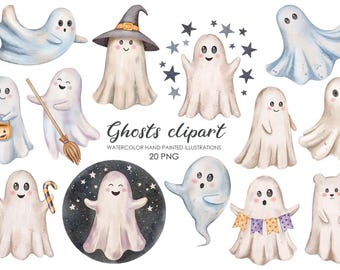Watercolor Cute Halloween Clipart. Ghost clipart. Cute ghost png. Spooky clipart. Kids Halloween . Watercolor Ghost.