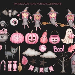 May include: Watercolor illustrations of Halloween themed items in pink and black.  Includes witches, ghosts, pumpkins, candy, a spider, a bat, a haunted house, and the word "Boo!"