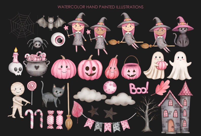 May include: Watercolor illustrations of Halloween themed items in pink and black.  Includes witches, ghosts, pumpkins, candy, a spider, a bat, a haunted house, and the word "Boo!"