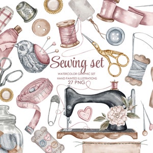Watercolor vintage sewing clipart.  Seamstress clipart. Sewing machine, needlework, scissors PNG