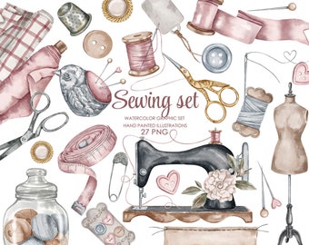 Watercolor vintage sewing clipart.  Seamstress clipart. Sewing machine, needlework, scissors PNG