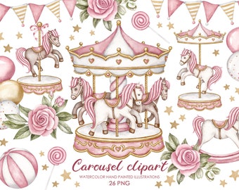 Clipart aquarelle carrousel. Cheval de carrousel. Clipart de pépinière.