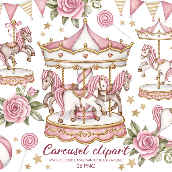 Clipart aquarelle carrousel. Cheval de carrousel. Clipart de pépinière.