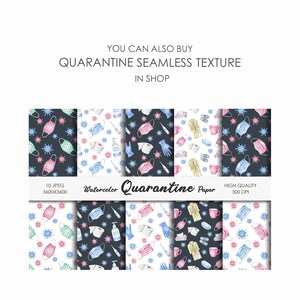 May include: Set of 10 watercolor seamless patterns featuring quarantine-themed illustrations. The patterns include images of face masks, hand sanitizer, toilet paper, gloves, and thermometers. The patterns are in a variety of colors, including blue, pink, green, and black. The patterns are perfect for creating digital or printed products, such as fabric, wallpaper, or wrapping paper.