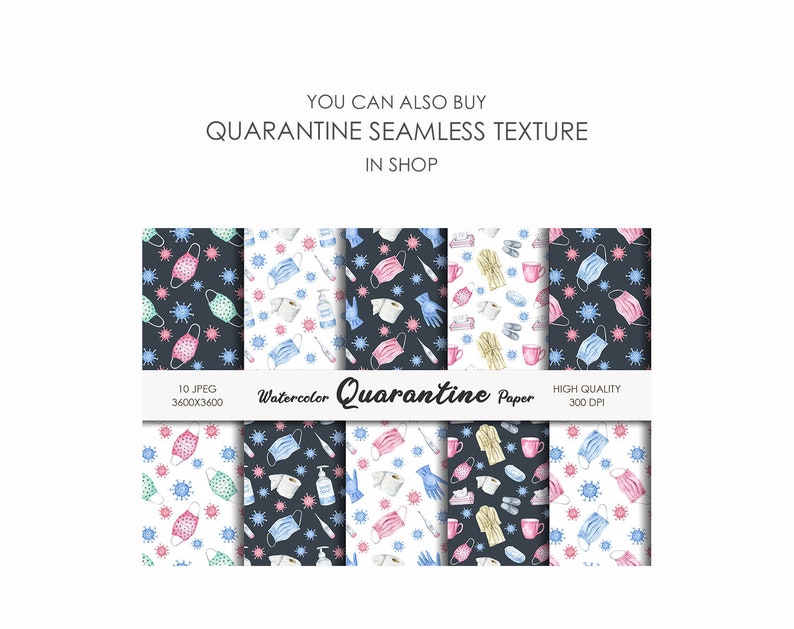 May include: Set of 10 watercolor seamless patterns featuring quarantine-themed illustrations. The patterns include images of face masks, hand sanitizer, toilet paper, gloves, and thermometers. The patterns are in a variety of colors, including blue, pink, green, and black. The patterns are perfect for creating digital or printed products, such as fabric, wallpaper, or wrapping paper.