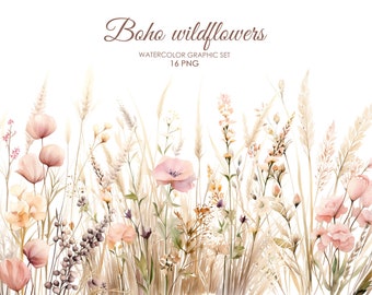 Imágenes prediseñadas de flores silvestres boho. Flores silvestres acuarelas. Pradera de flores silvestres.