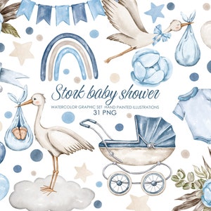 Imágenes prediseñadas de vivero boho acuarela. Imágenes prediseñadas de cigüeña para baby shower. Cigüeña cargando bebé.